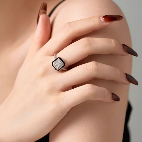 S925 Sterling Silver Black Enamel Square Cubic Zirconia Ring Statement Piece - Picture 6 of 12